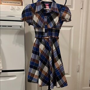 Stylish Plaid Kids Dress - Blue, Brown, White